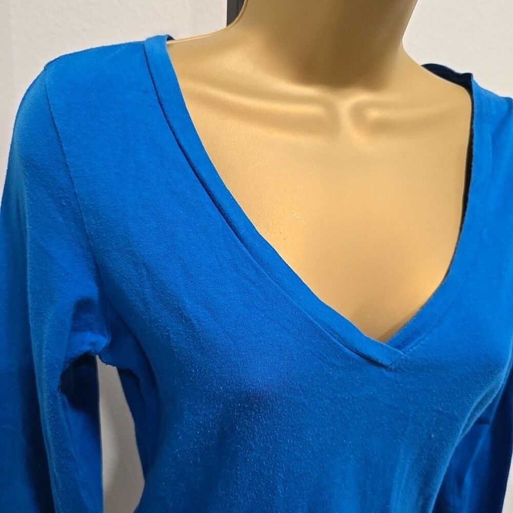 Vintage Y2k V Neck Long Sleeve Top Tee Shirt Womens L Stretch Blue Casual Bella